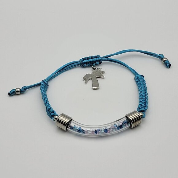 Jewelry - Jamaica Palm Tree Charm Glass Tube Cord Slider Bracelet One Size Adjustable